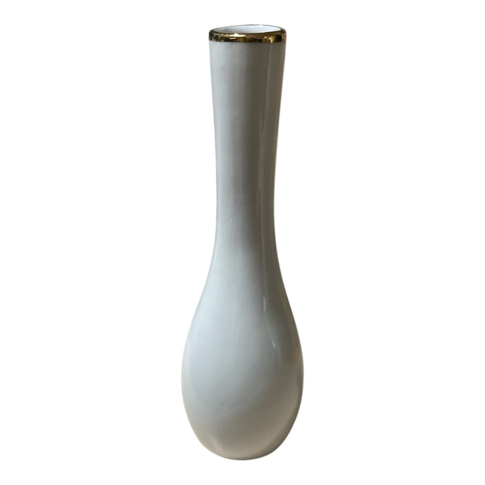 Vintageβ Knoll International White Ceramic Bud Vase Gold Rim Mid Century Modern